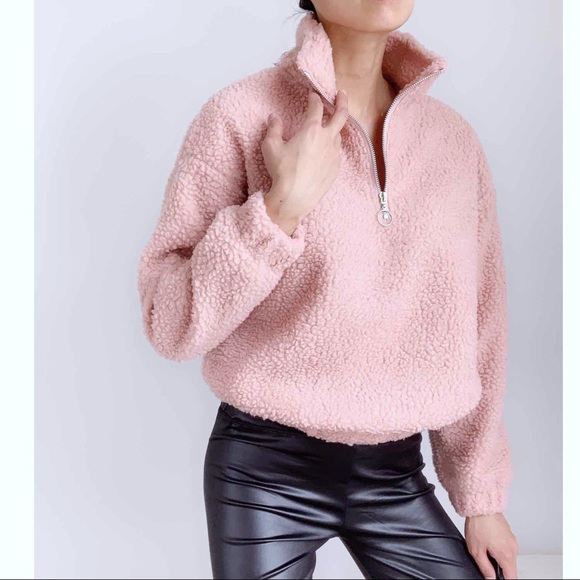 CHICBOMB Tops - SPORTY SHERPA HALF ZIP PULLOVER - BLUSH